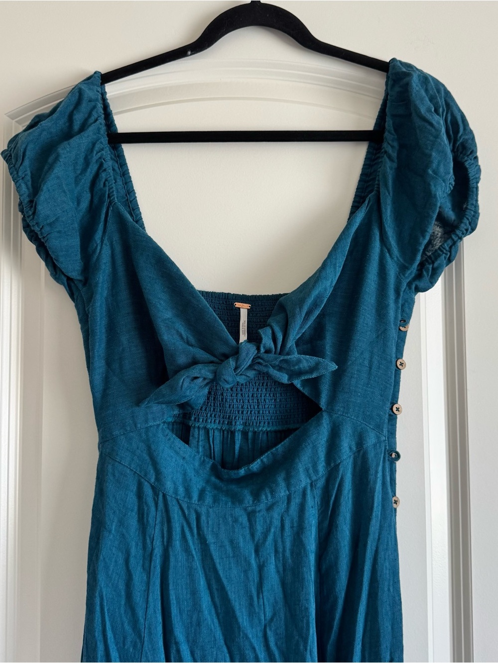 Free People Teal Front Tie Dress with Puff Sleeves